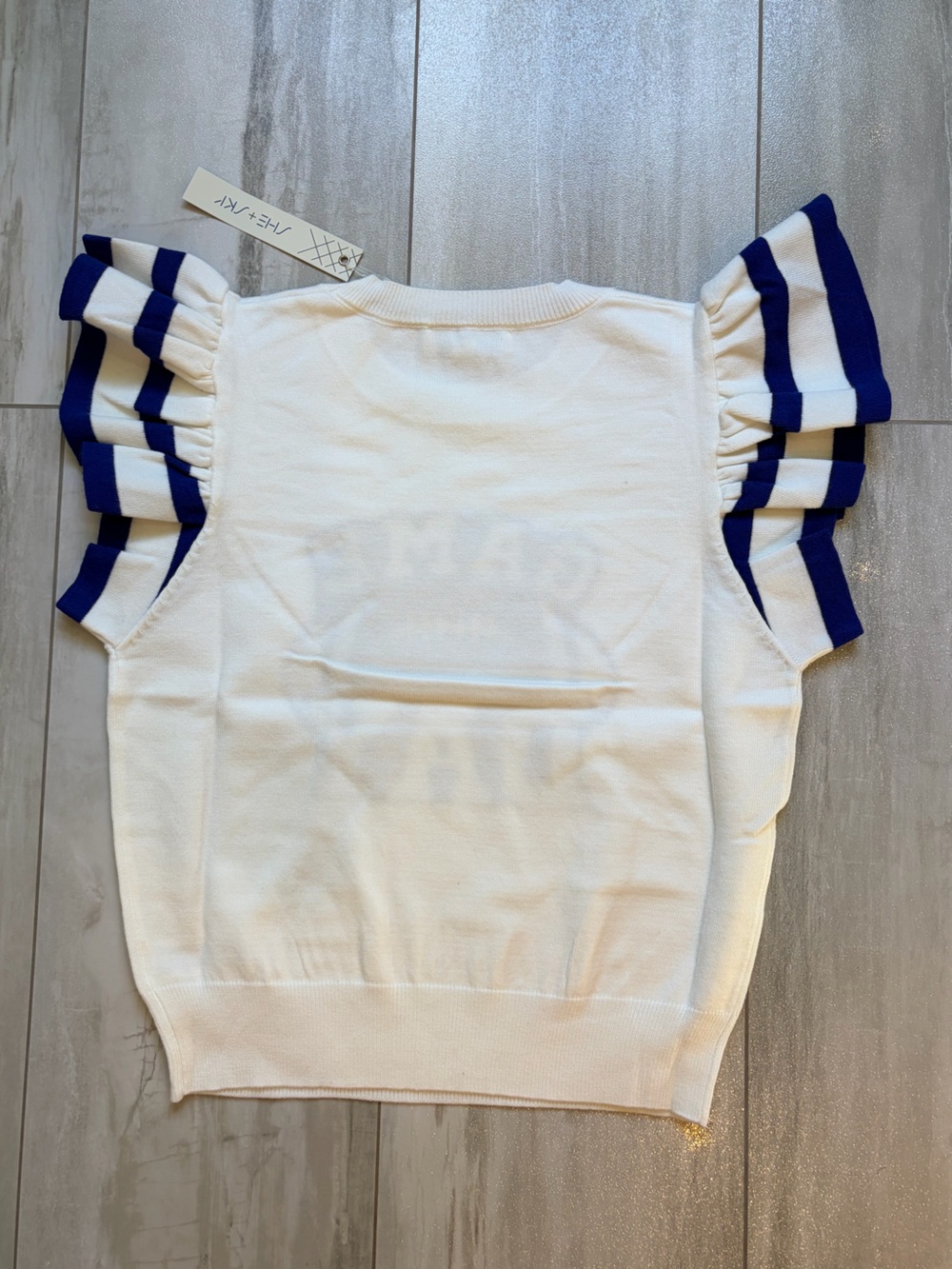 NWT She+Sky Flutter Sleeve Cream & Blue Game Day Football Soft Sweater Small - Picture 2 of 8